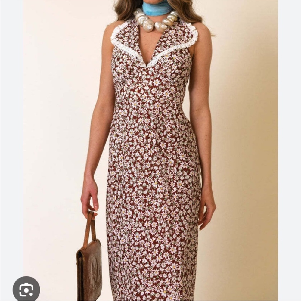 RIXO Sabrina Open Back Floral Lace Collared Midi Dress